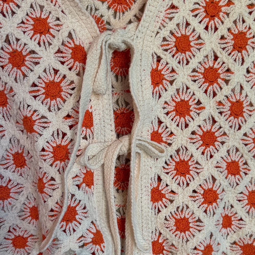 Mango Crochet Tie-Front Vest in Cream & Orange - Picture 3 of 4